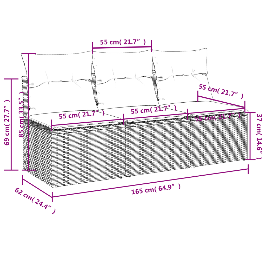 Gartensofa mit Kissen 3-Sitzer Braun Poly Rattan